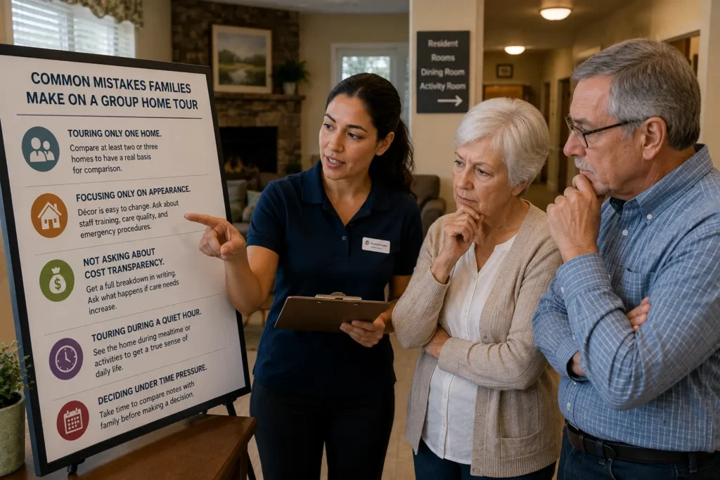 Caregiver guiding an older couple through common mistakes to avoid when touring a group home