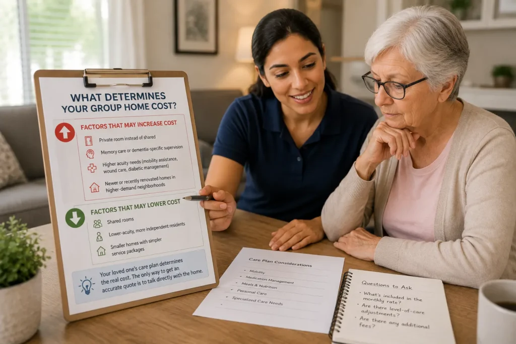 Caregiver and senior discussing factors that determine group home care costs