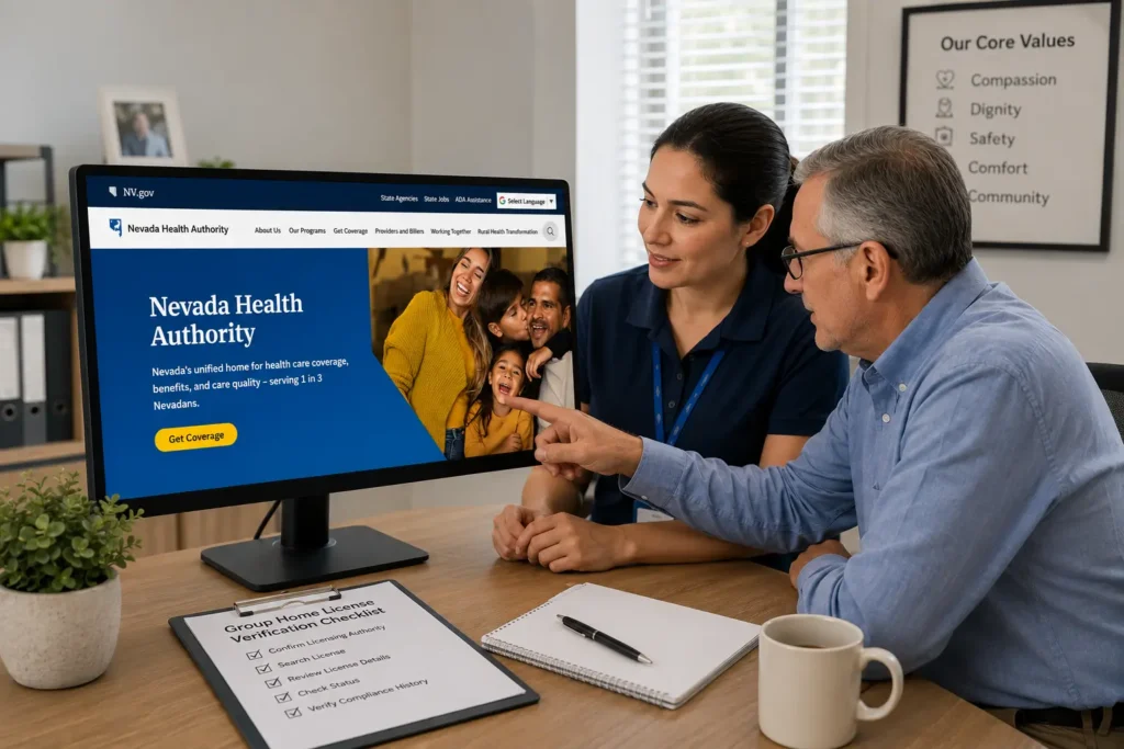 Nevada Health Authority website for verifying a Nevada group home license