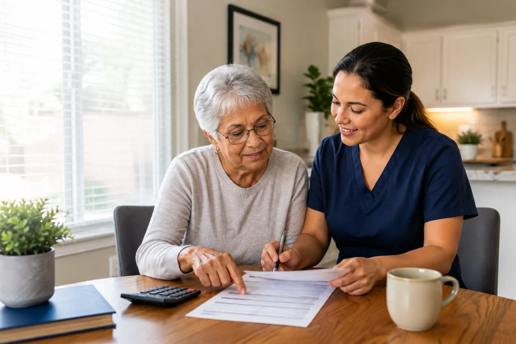Senior woman discussing assisted-living-level care costs in Las Vegas with a caregiver