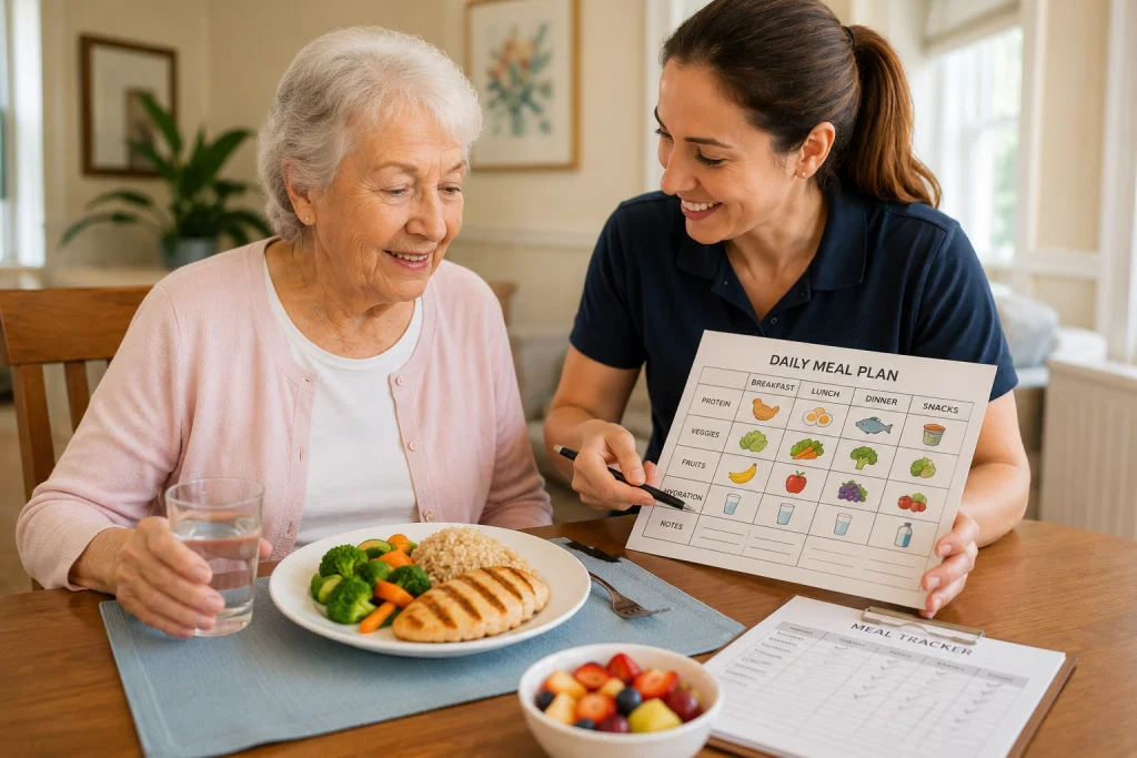 Senior meal planning in Las Vegas with a caregiver reviewing a daily meal plan and hydration needs with an older woman
