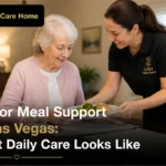 Senior meal support in Las Vegas with a caregiver assisting an older woman during a daily meal