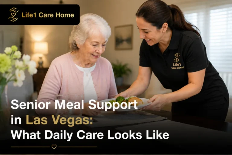 Senior meal support in Las Vegas with a caregiver assisting an older woman during a daily meal