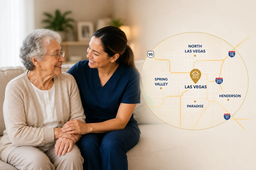 Life1 Care Home caregiver with Las Vegas Valley service area map
