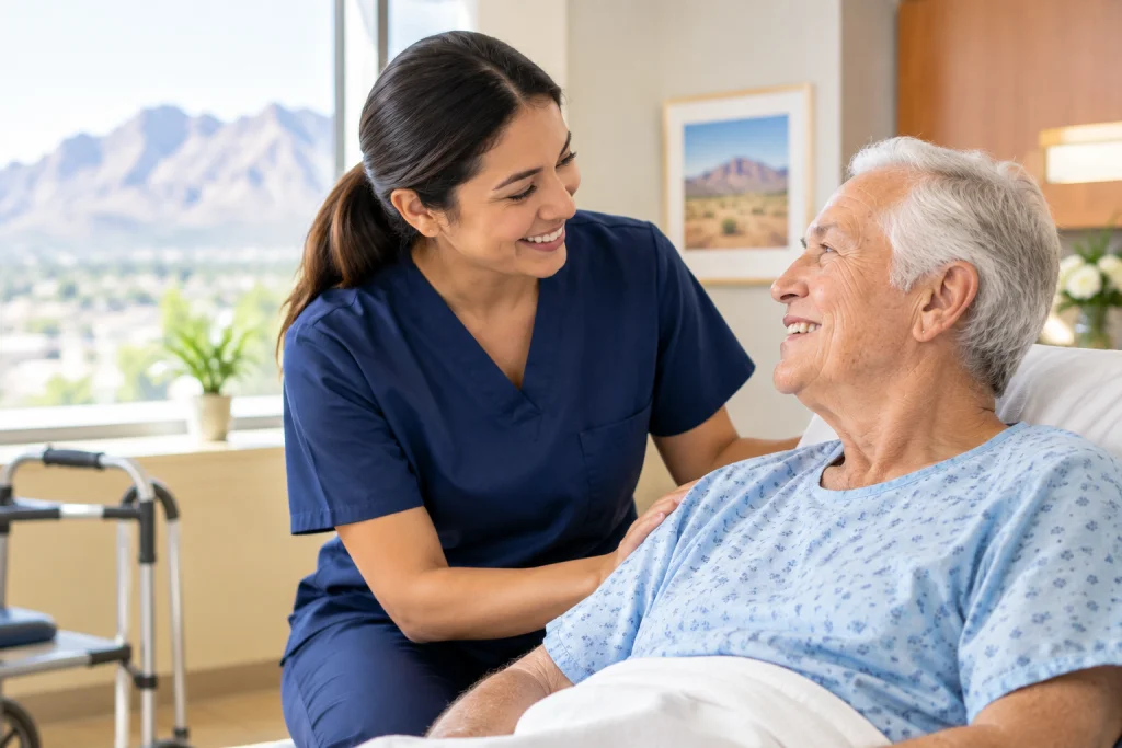 Senior receiving compassionate rehabilitation support from a caregiver after a hospital stay in Boulder City