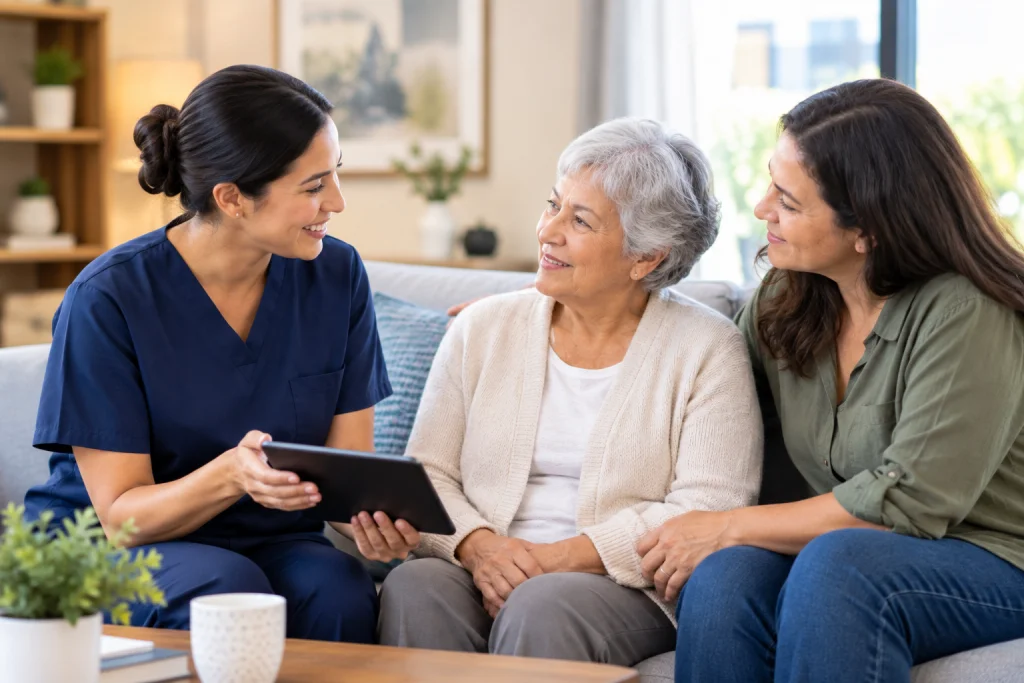 Home care vs a group home in Las Vegas: family discussing care options with a caregiver