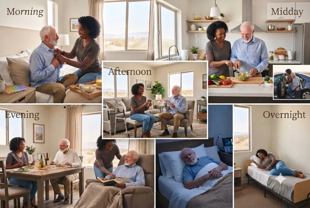 A multi-panel photo collage illustrating the day-to-day routine of live-in senior care in Las Vegas, showing morning assistance, midday meal prep, afternoon companionship, evening dinner, and overnight on-site care.