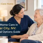 Senior home care in Boulder City, NV with a caregiver in navy scrubs supporting an elderly woman at home