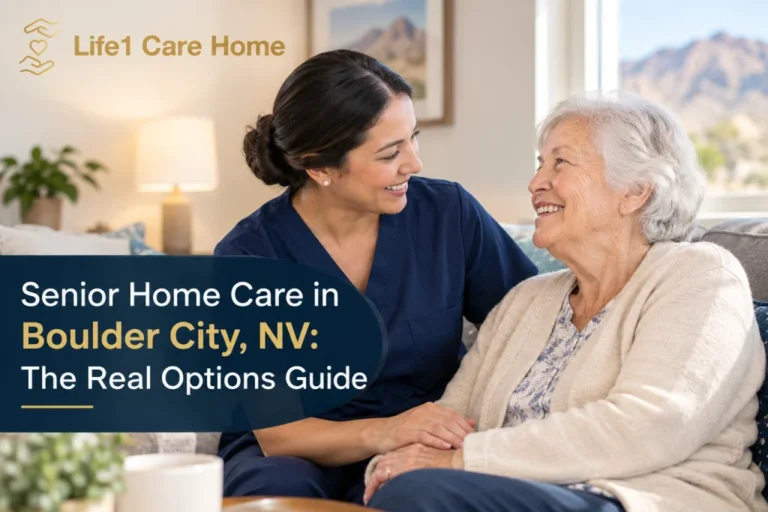 Senior home care in Boulder City, NV with a caregiver in navy scrubs supporting an elderly woman at home